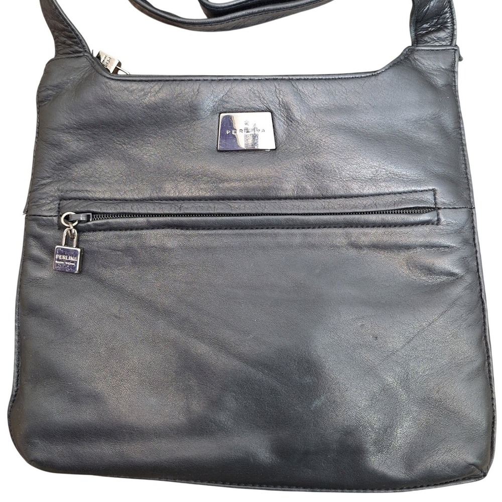 Perlina New York 90s Black Leather Crossbody Bag Silver Hardware Messenger Purse